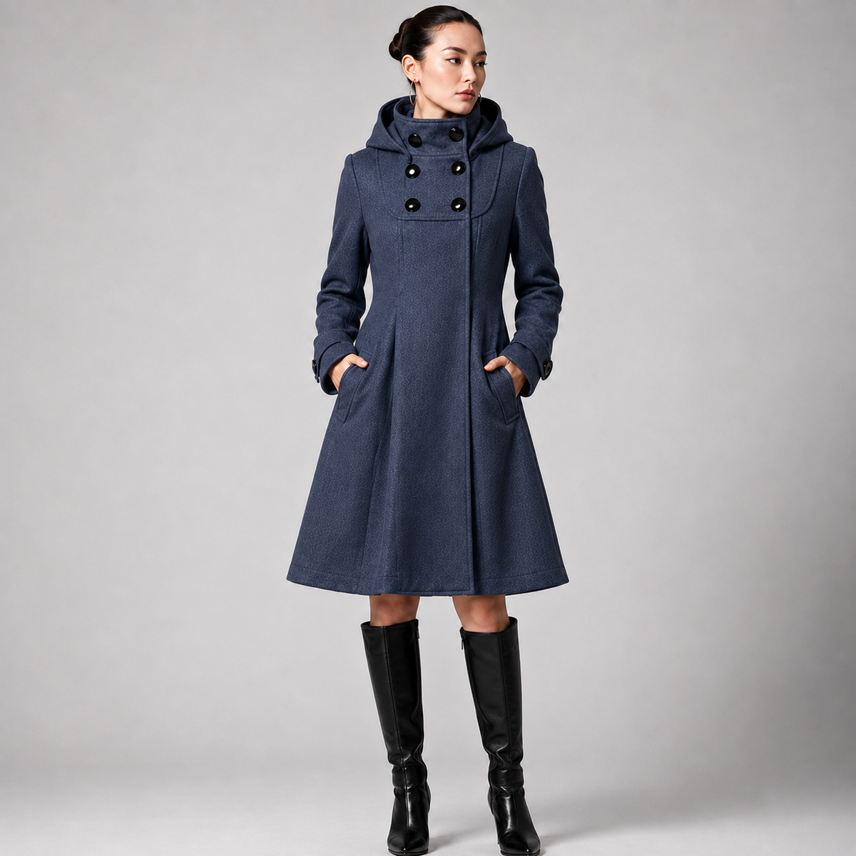 Manteau à capuche femme coupe évasée boutonné 2
