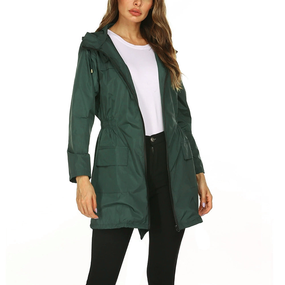 Manteau de pluie femme long déperlant à capuche avec taille élastique 3