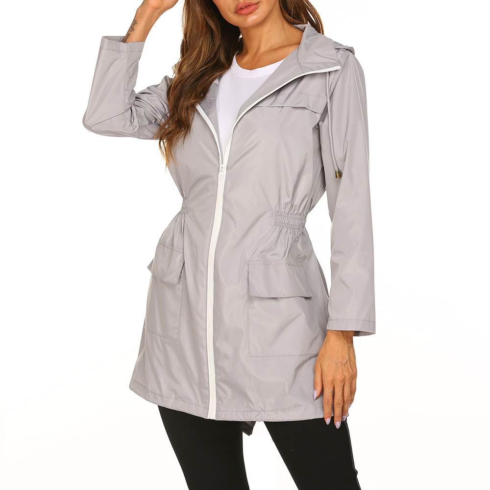 Manteau de pluie femme long déperlant à capuche avec taille élastique 4