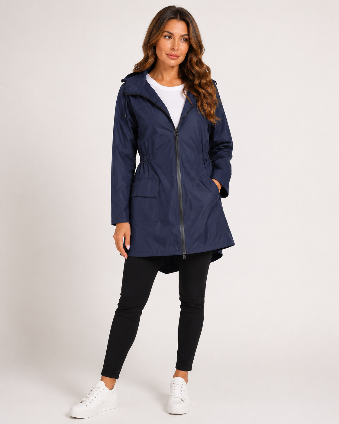 Manteau de pluie femme long déperlant à capuche avec taille élastique 5