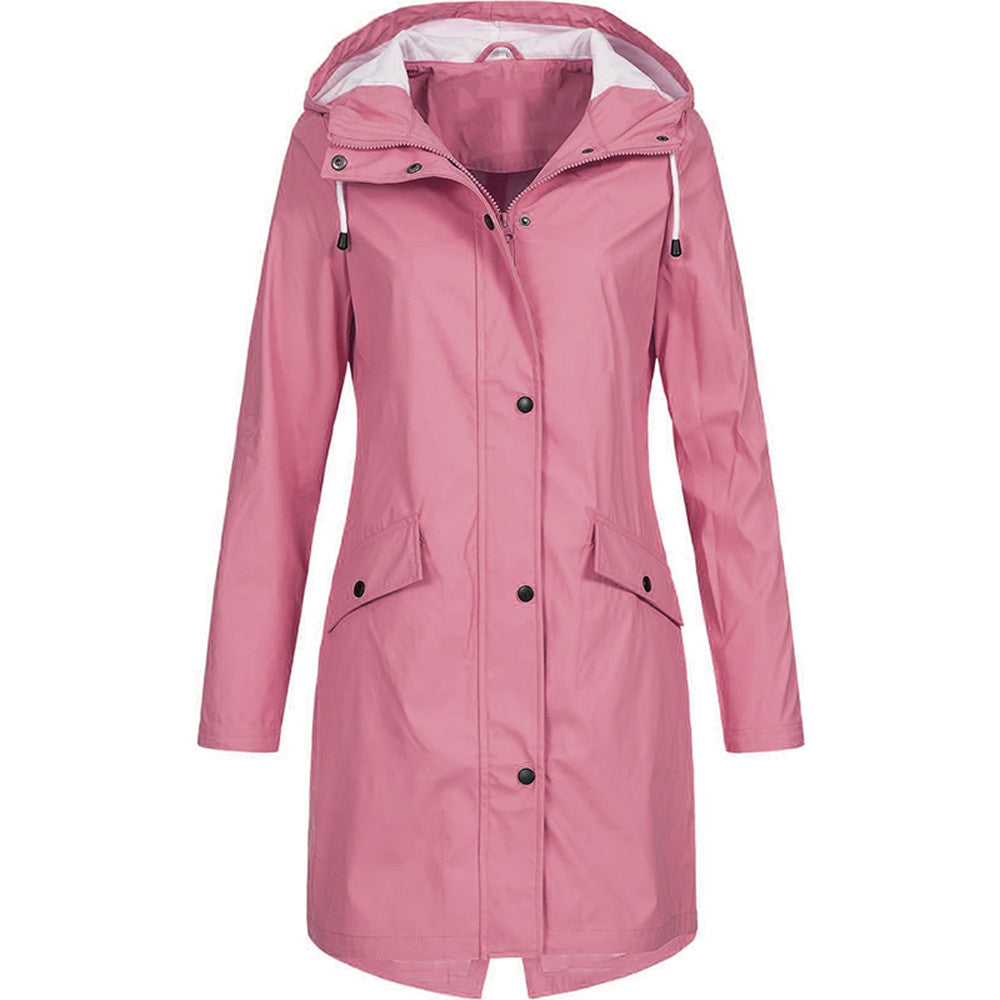Manteau de pluie femme long imperméable à capuche coupe trapèze avec fente au dos 1