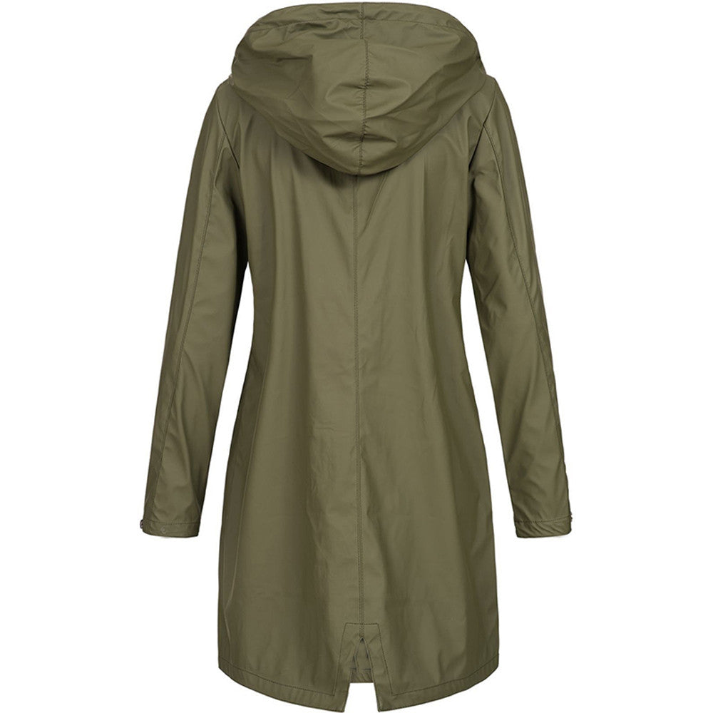 Manteau de pluie femme long imperméable à capuche coupe trapèze avec fente au dos 10