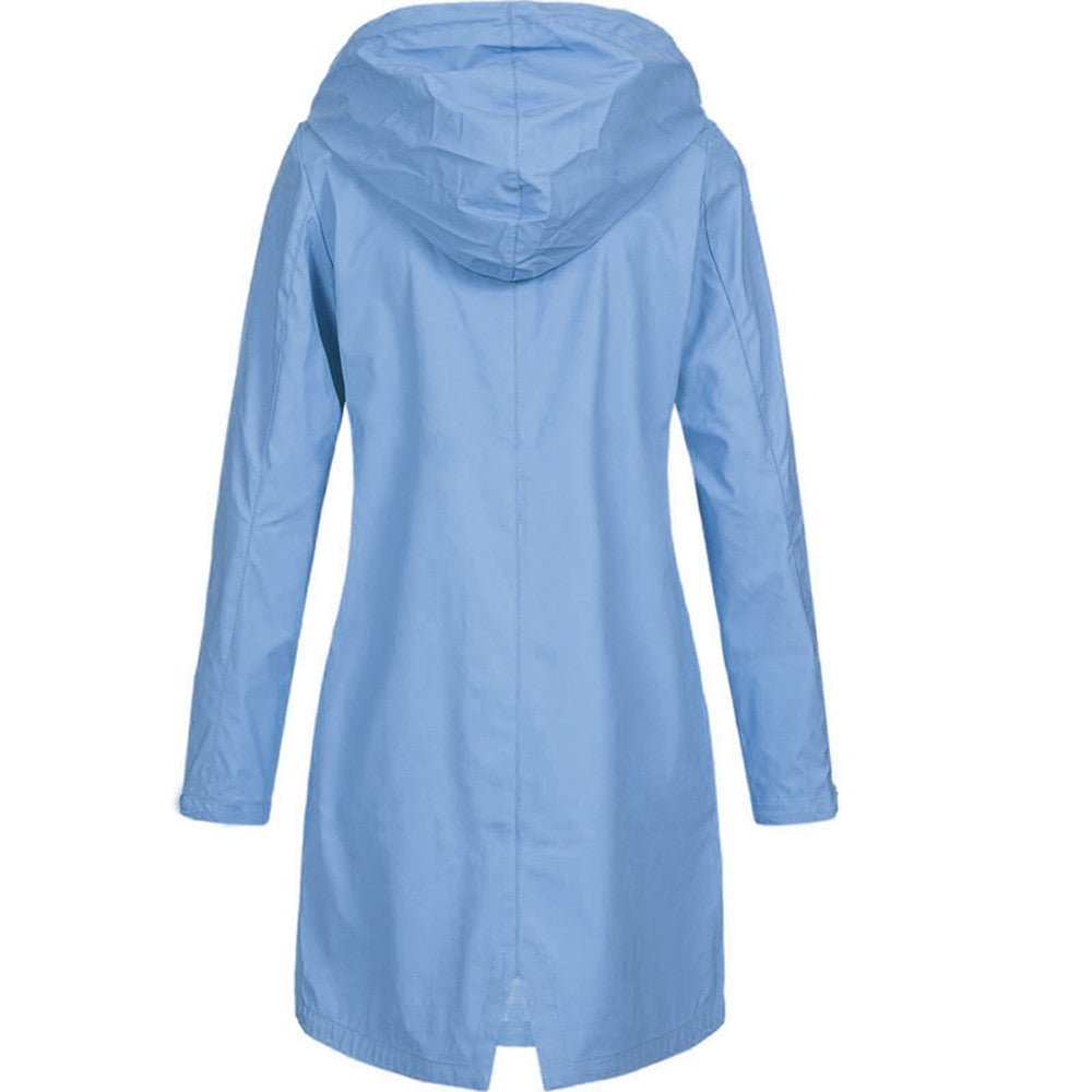 Manteau de pluie femme long imperméable à capuche coupe trapèze avec fente au dos 11
