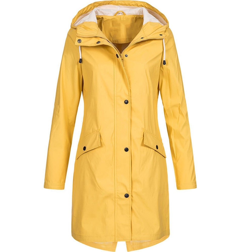 Manteau de pluie femme long imperméable à capuche coupe trapèze avec fente au dos 2