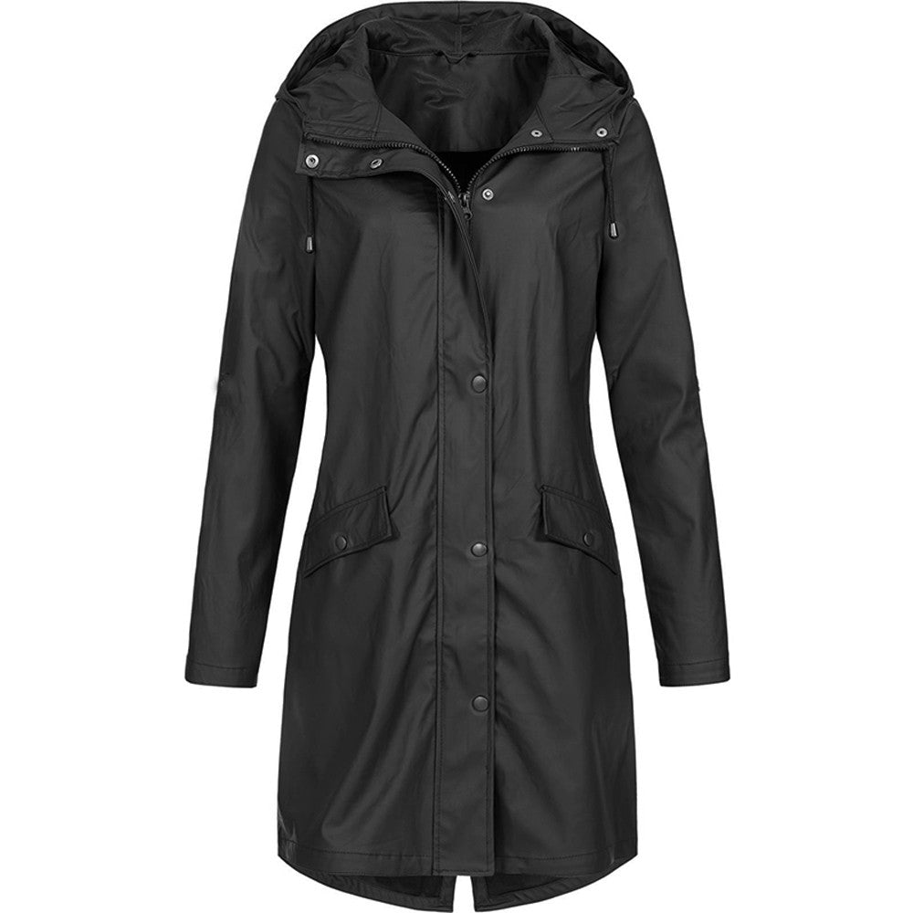 Manteau de pluie femme long imperméable à capuche coupe trapèze avec fente au dos 3