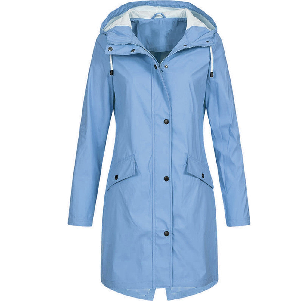 Manteau de pluie femme long imperméable à capuche coupe trapèze avec fente au dos 5