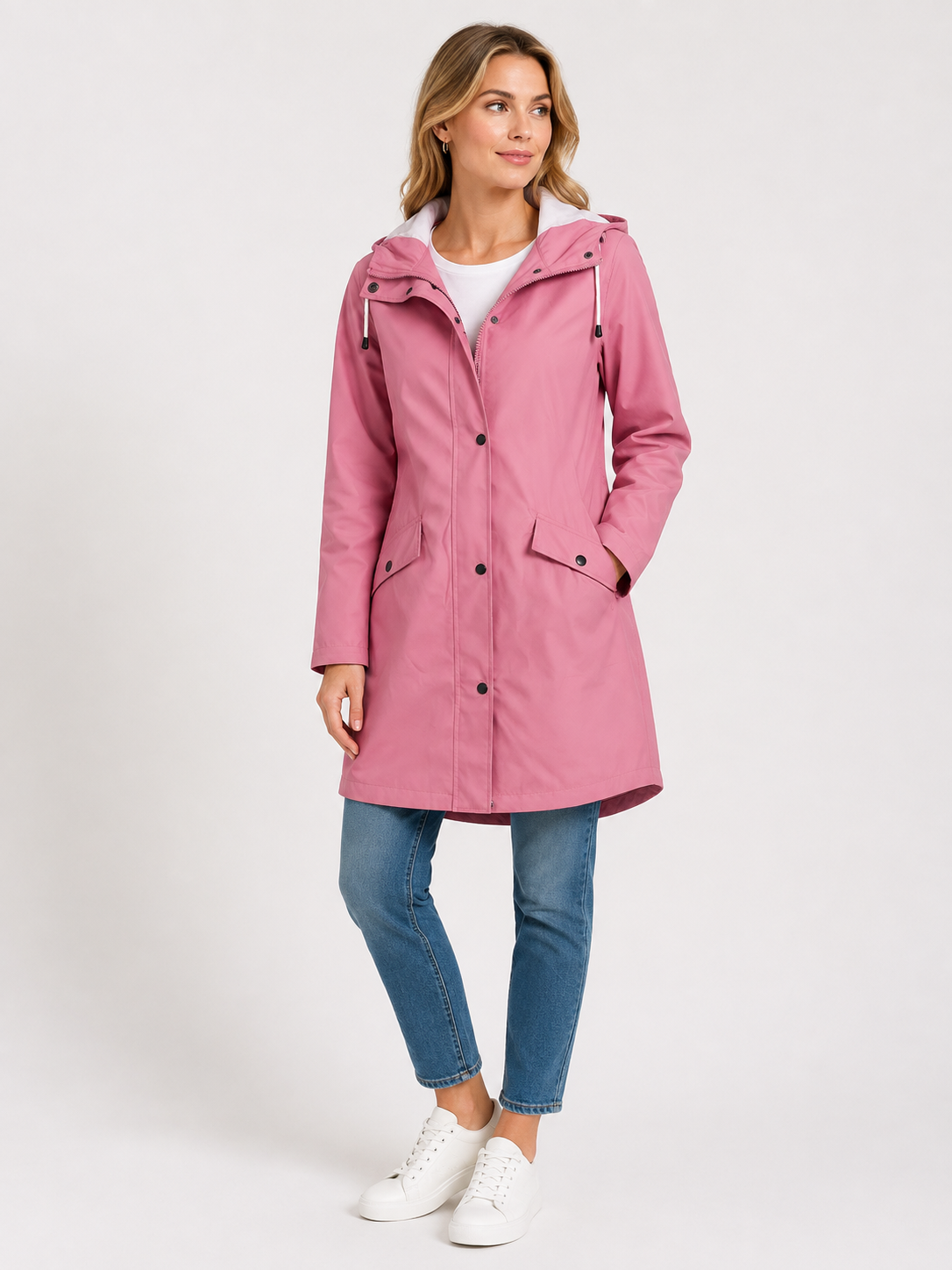 Manteau de pluie femme long imperméable à capuche coupe trapèze avec fente au dos 6