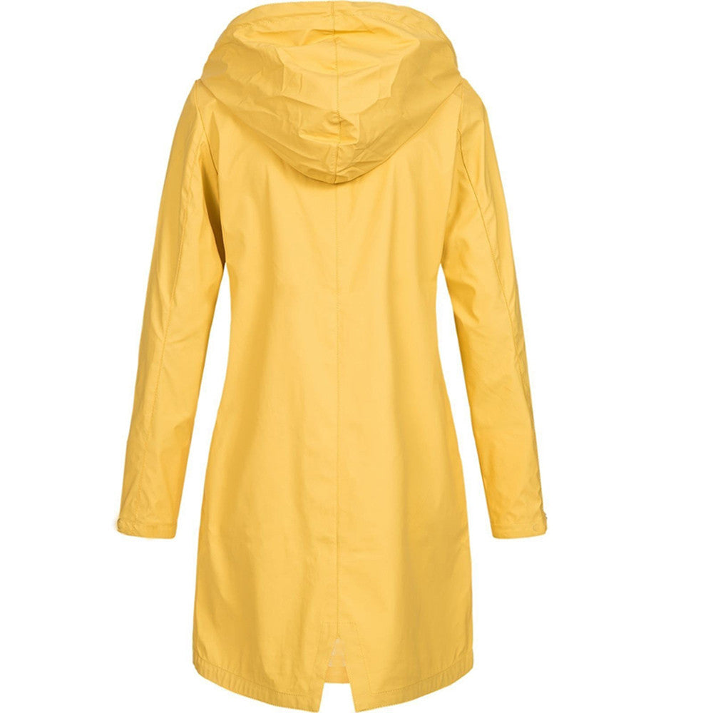 Manteau de pluie femme long imperméable à capuche coupe trapèze avec fente au dos 8