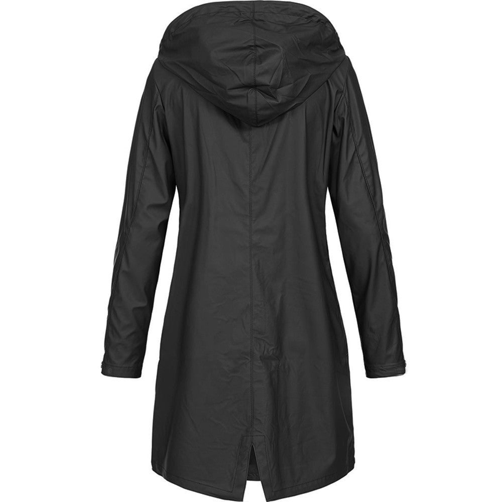 Manteau de pluie femme long imperméable à capuche coupe trapèze avec fente au dos 9