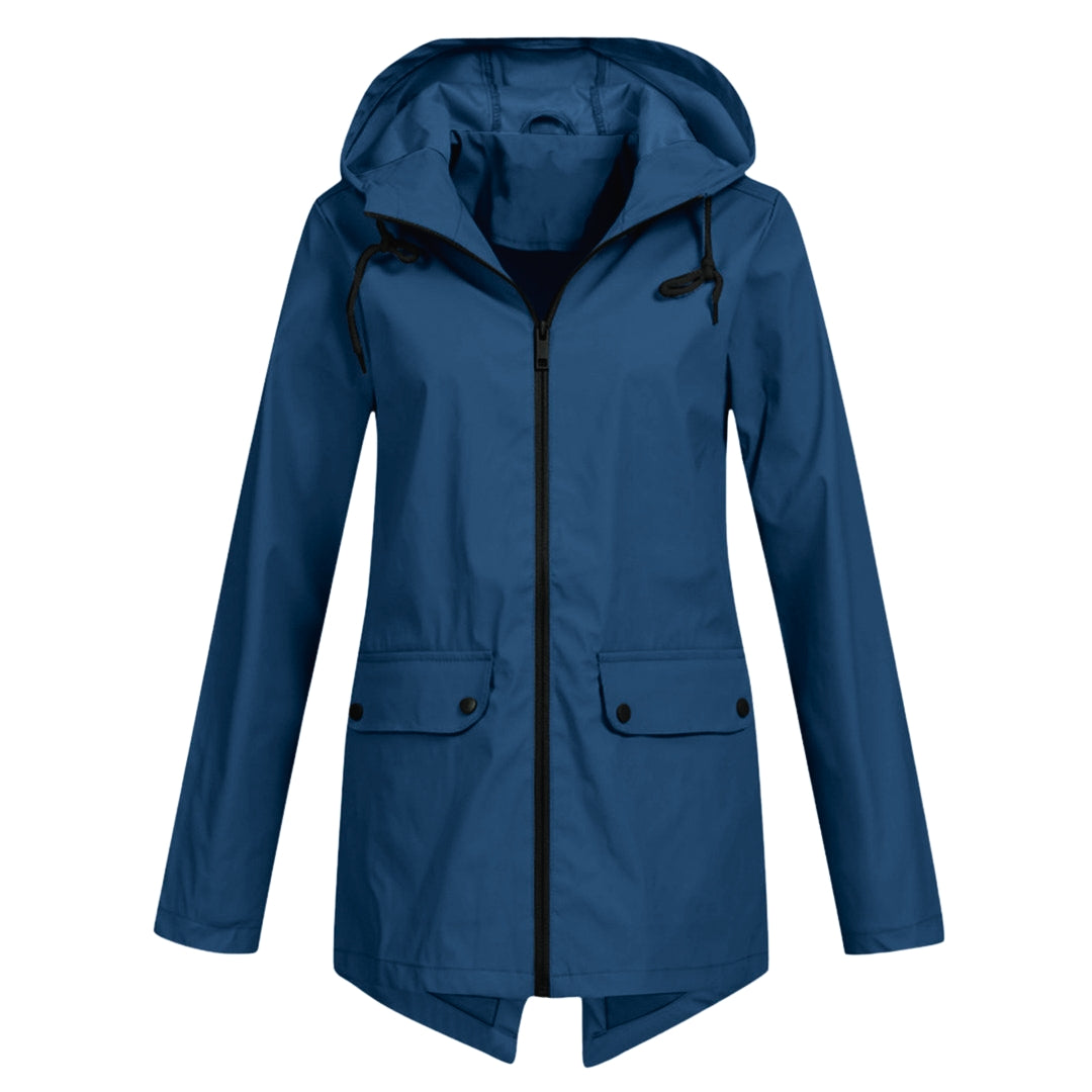 Manteau de pluie femme long imperméable à capuche réglable et poches à rabat 2