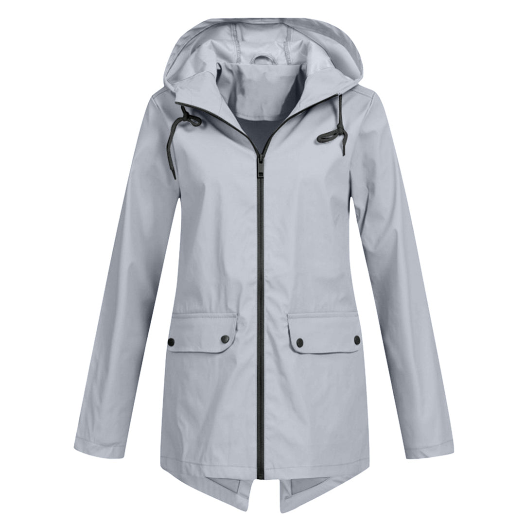 Manteau de pluie femme long imperméable à capuche réglable et poches à rabat 3