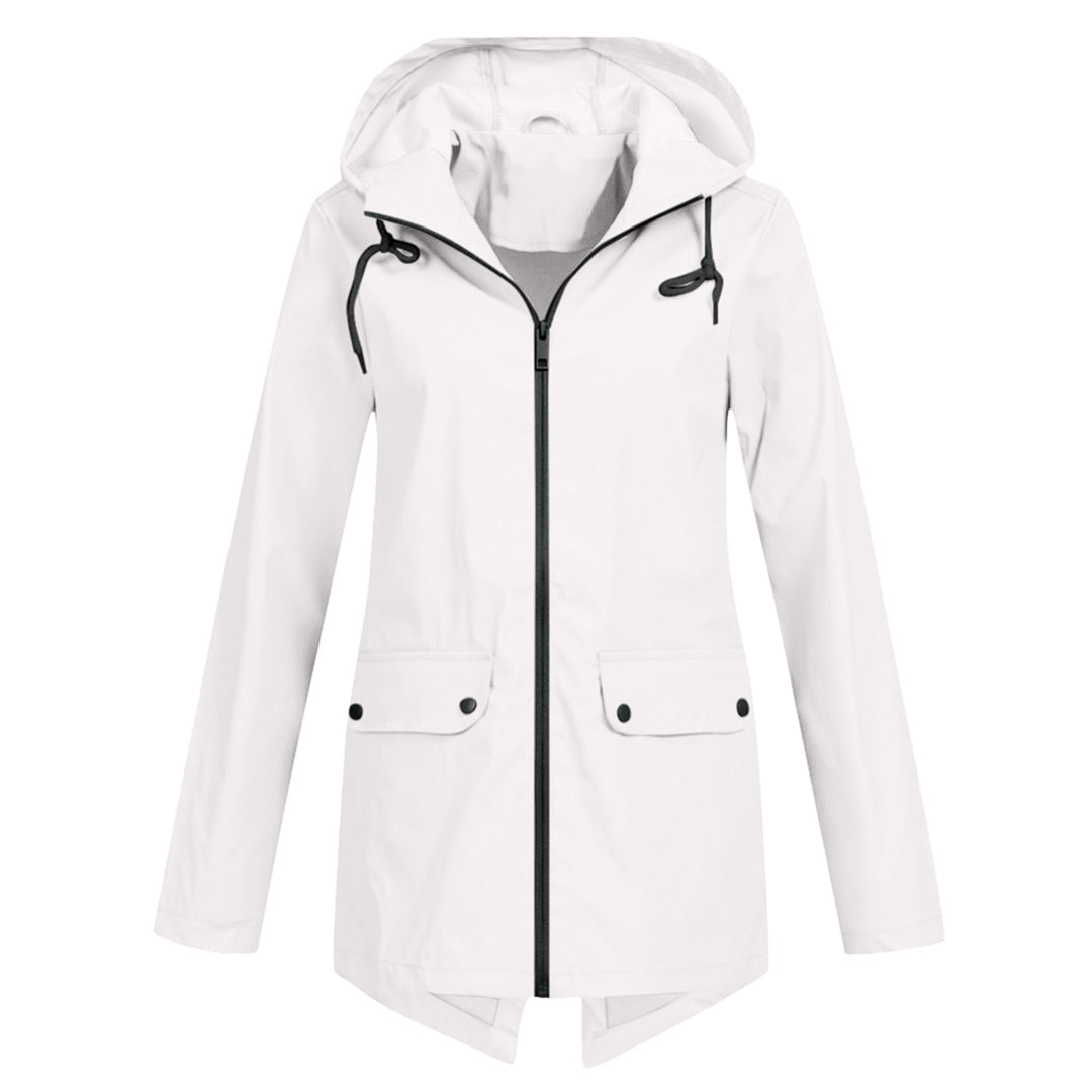 Manteau de pluie femme long imperméable à capuche réglable et poches à rabat 4