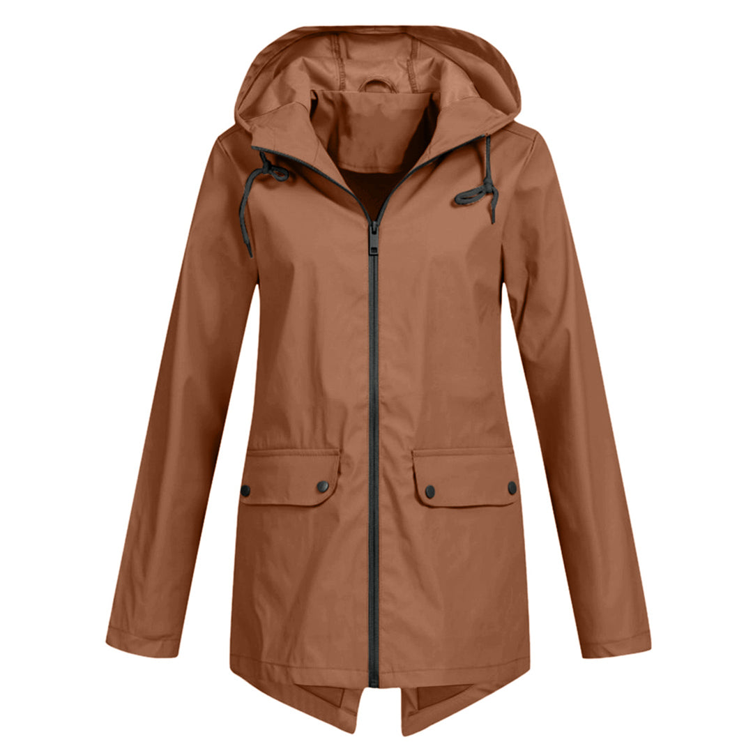 Manteau de pluie femme long imperméable à capuche réglable et poches à rabat 5