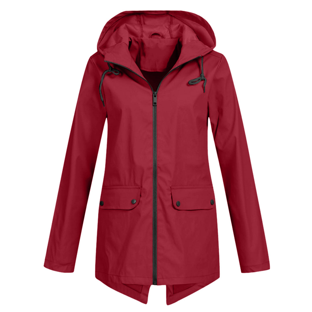 Manteau de pluie femme long imperméable à capuche réglable et poches à rabat 6