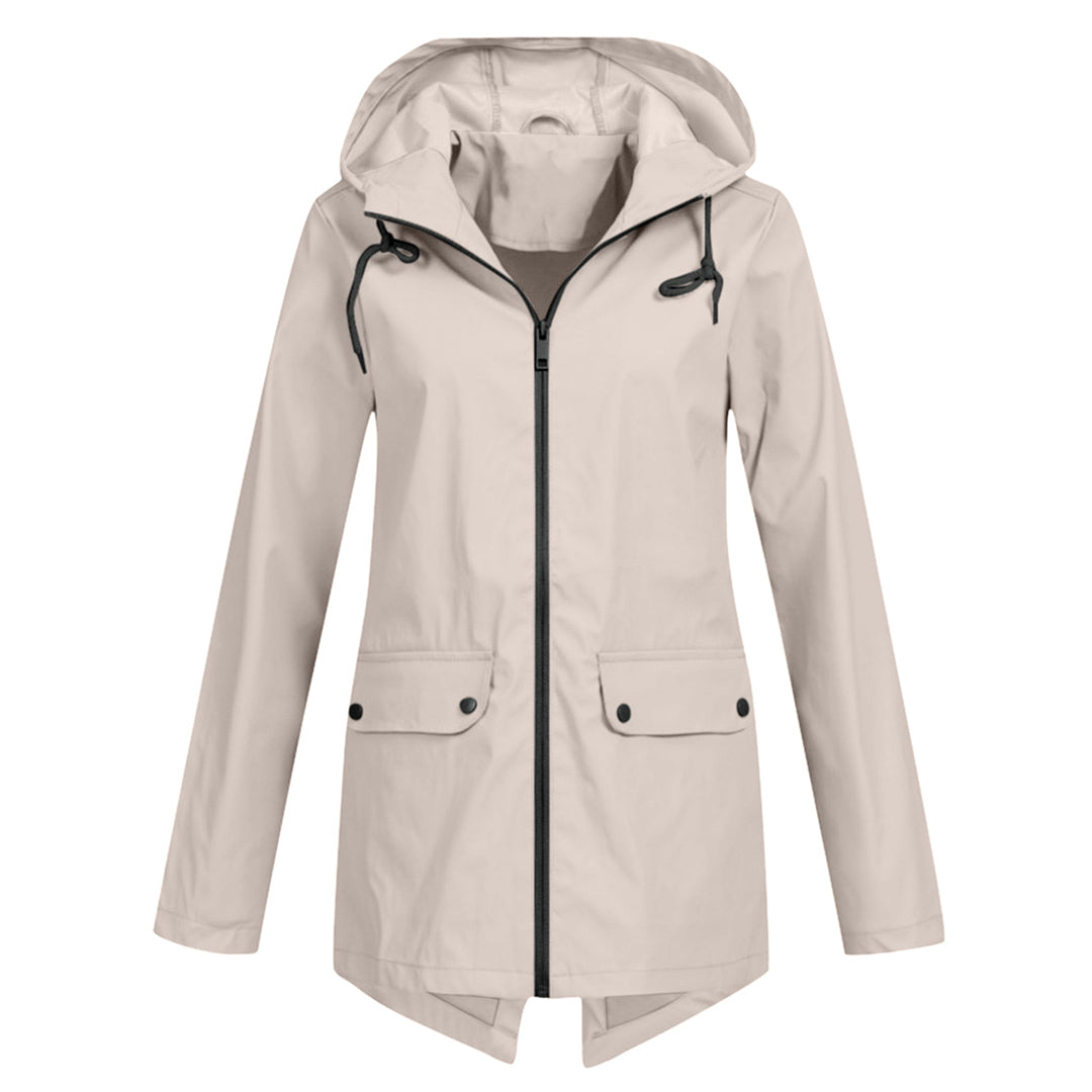 Manteau de pluie femme long imperméable à capuche réglable et poches à rabat 7