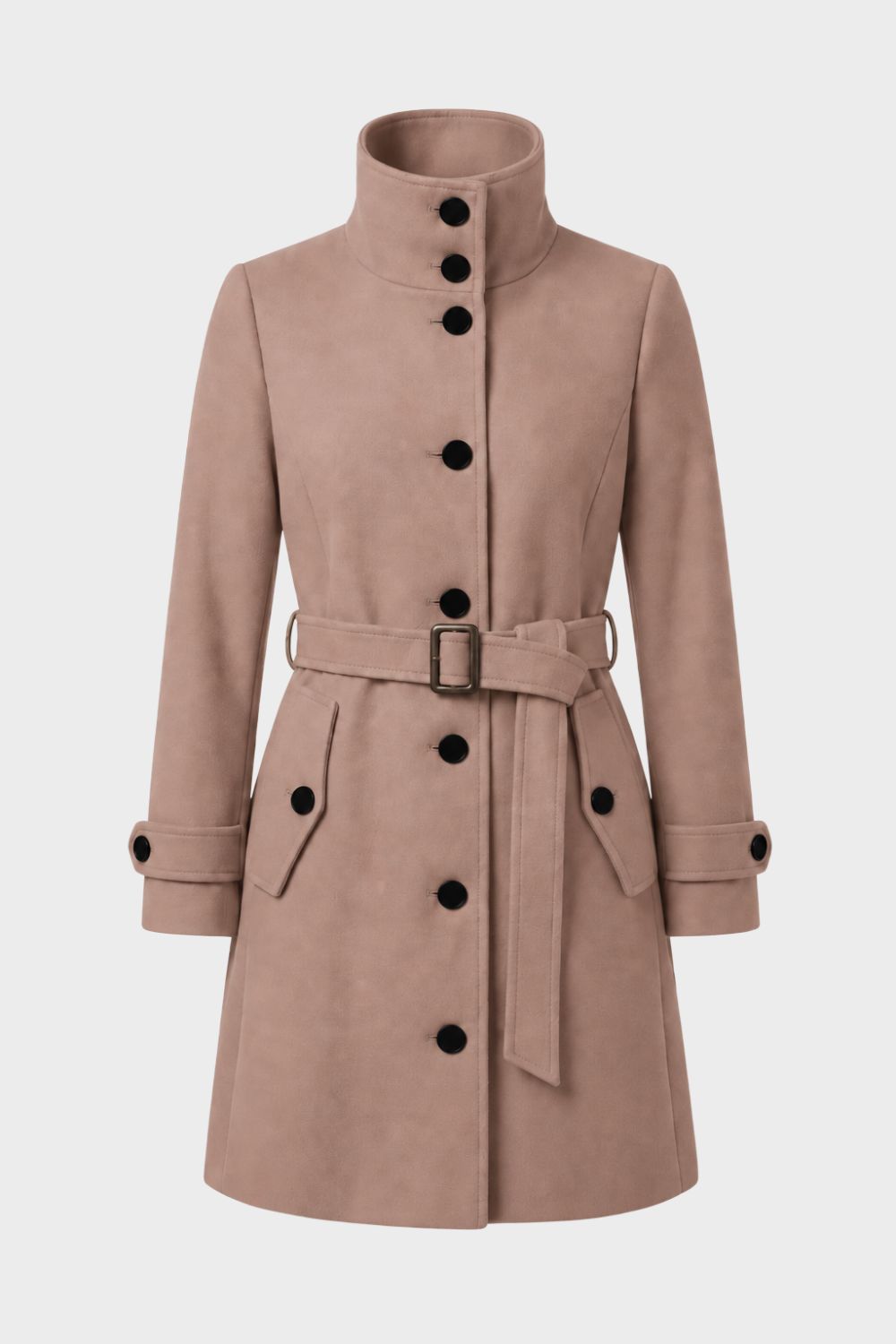 Manteau femme mi-long en suédine à col montant et ceinture 1