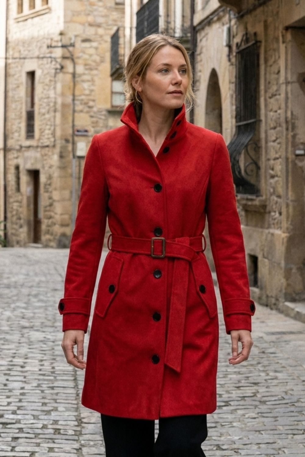 Manteau femme mi-long en suédine à col montant et ceinture 10