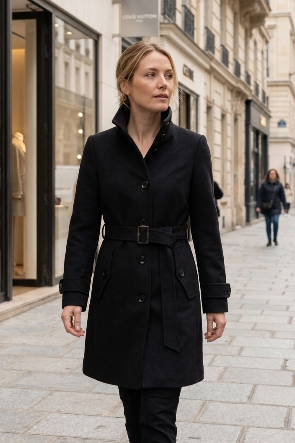Manteau femme mi-long en suédine à col montant et ceinture 11