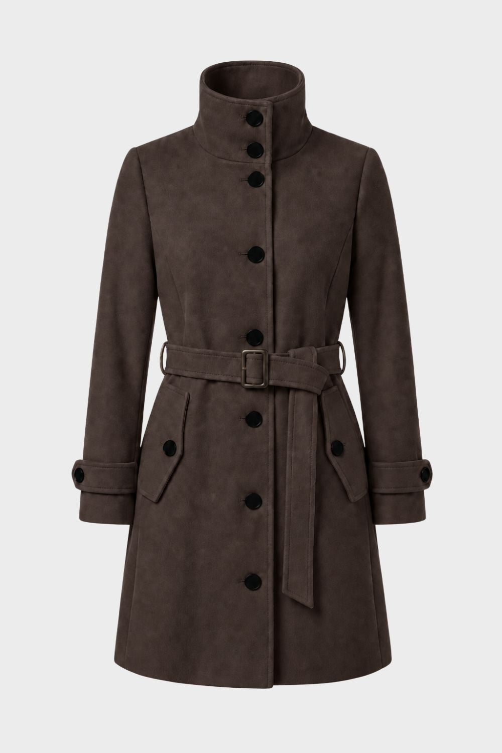 Manteau femme mi-long en suédine à col montant et ceinture 2