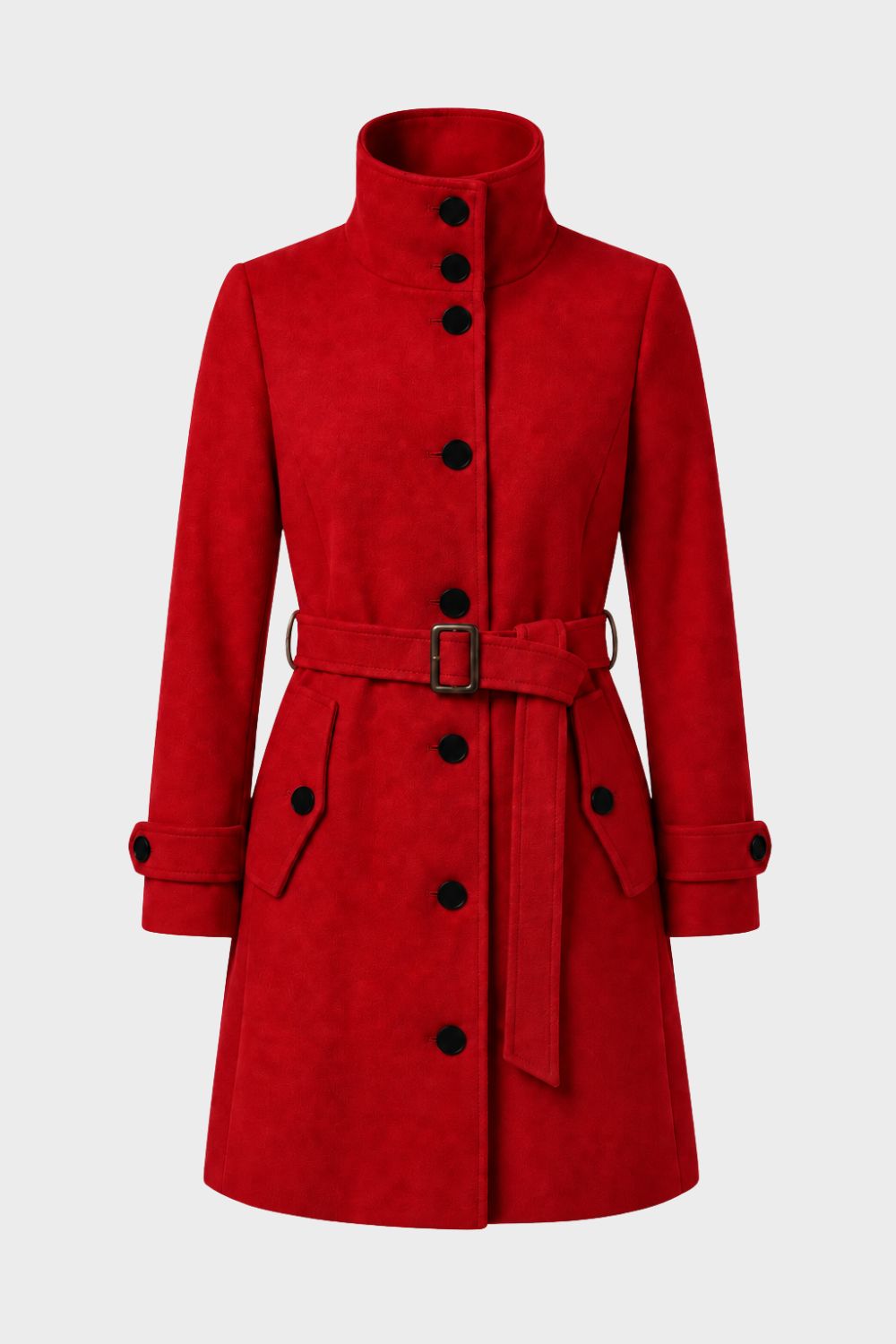 Manteau femme mi-long en suédine à col montant et ceinture 3