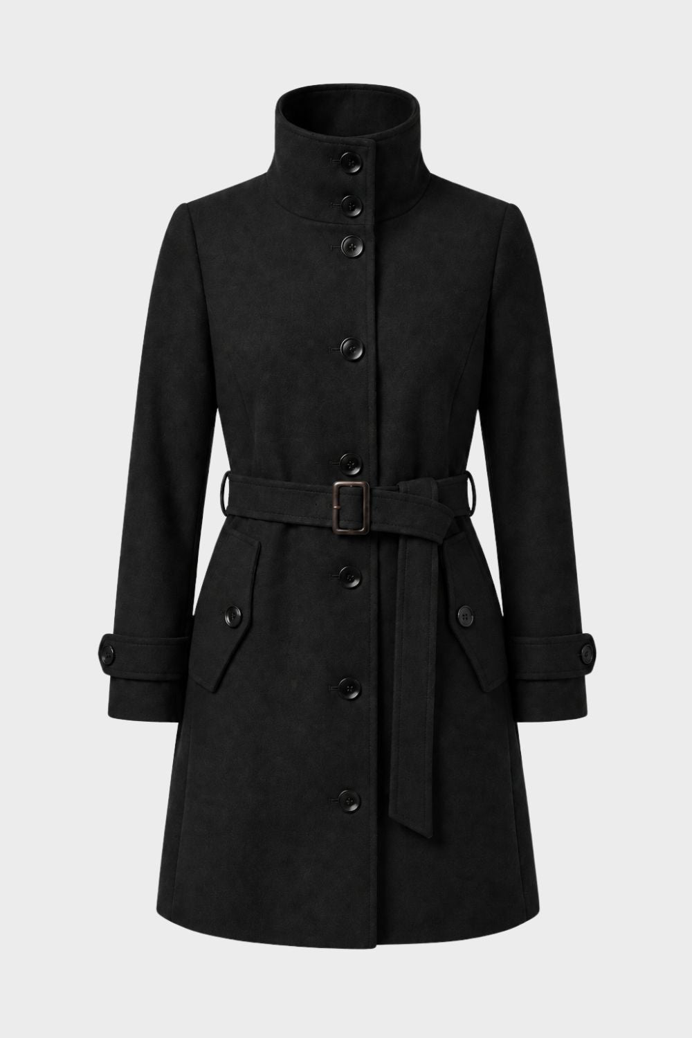 Manteau femme mi-long en suédine à col montant et ceinture 4