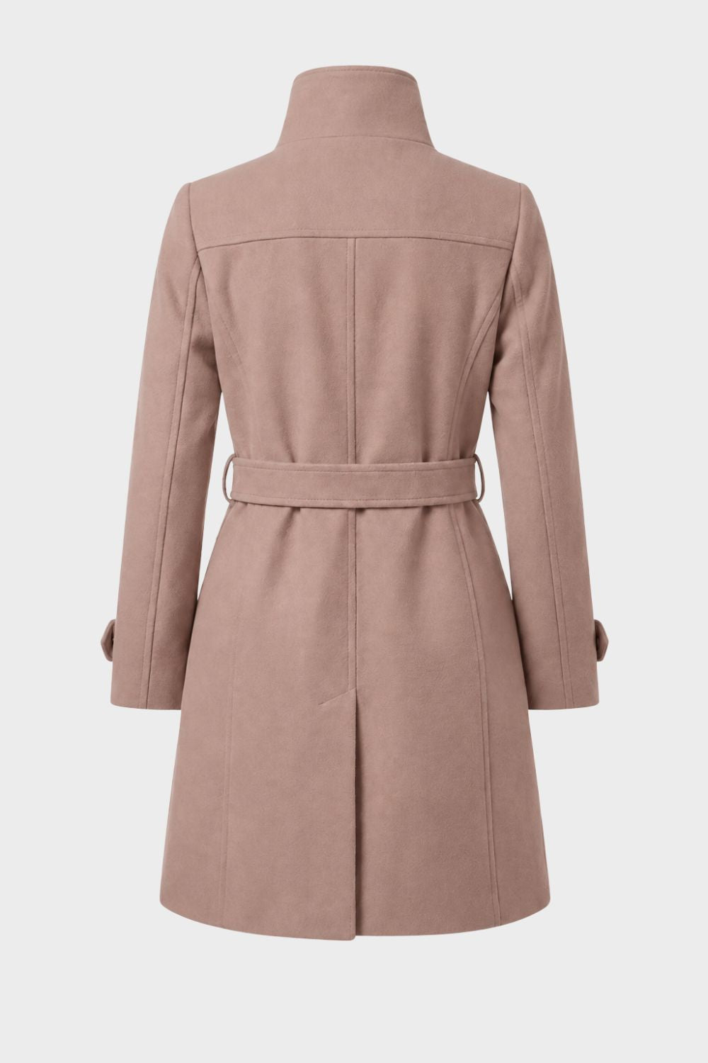 Manteau femme mi-long en suédine à col montant et ceinture 6