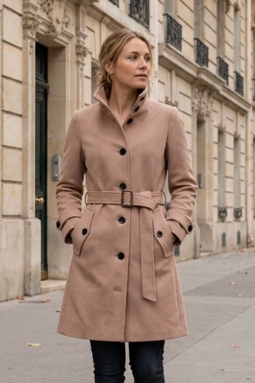 Manteau femme mi-long en suédine à col montant et ceinture 8