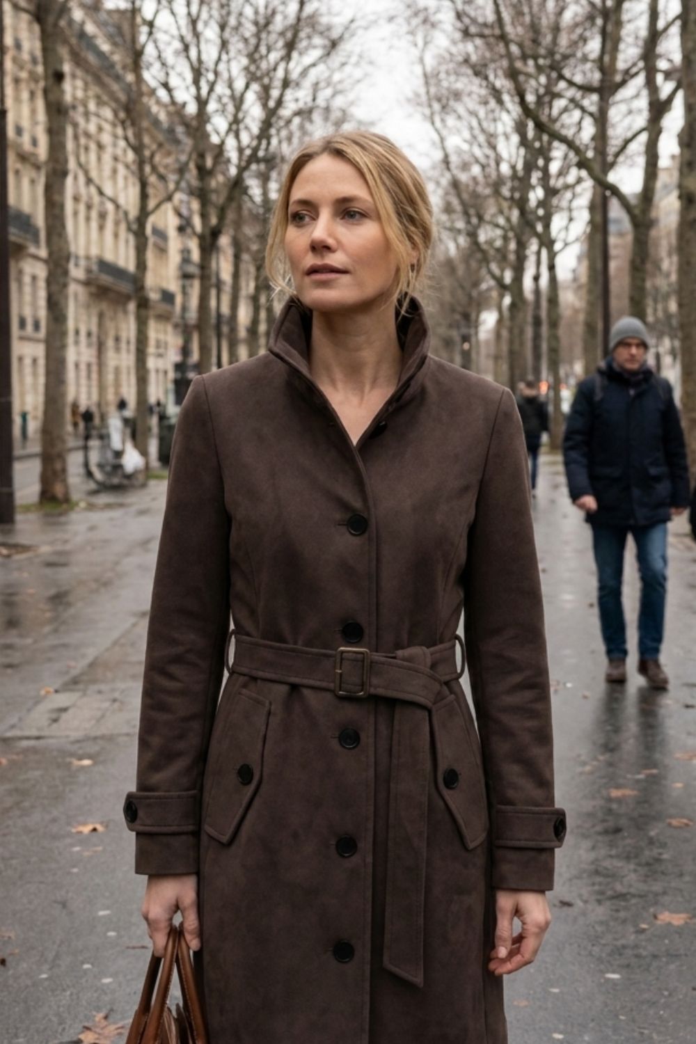 Manteau femme mi-long en suédine à col montant et ceinture 9