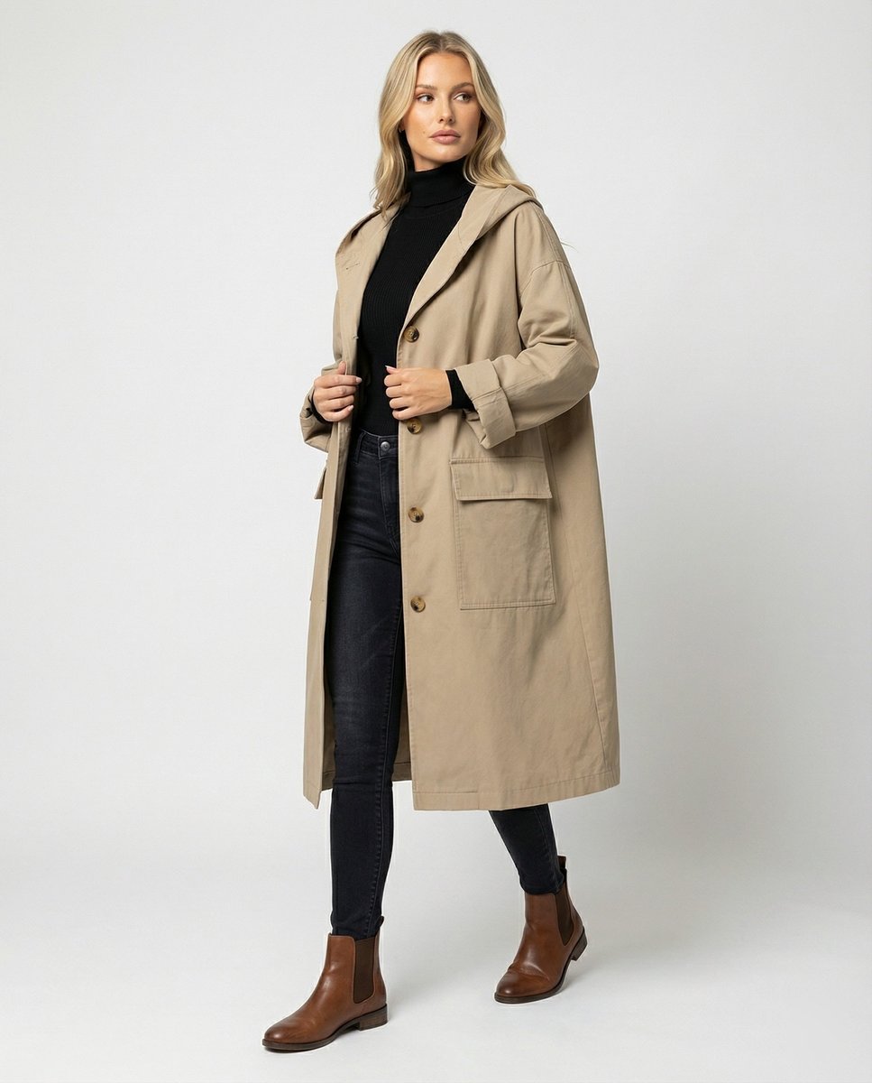 Manteau long à capuche femme déperlant boutonné 1