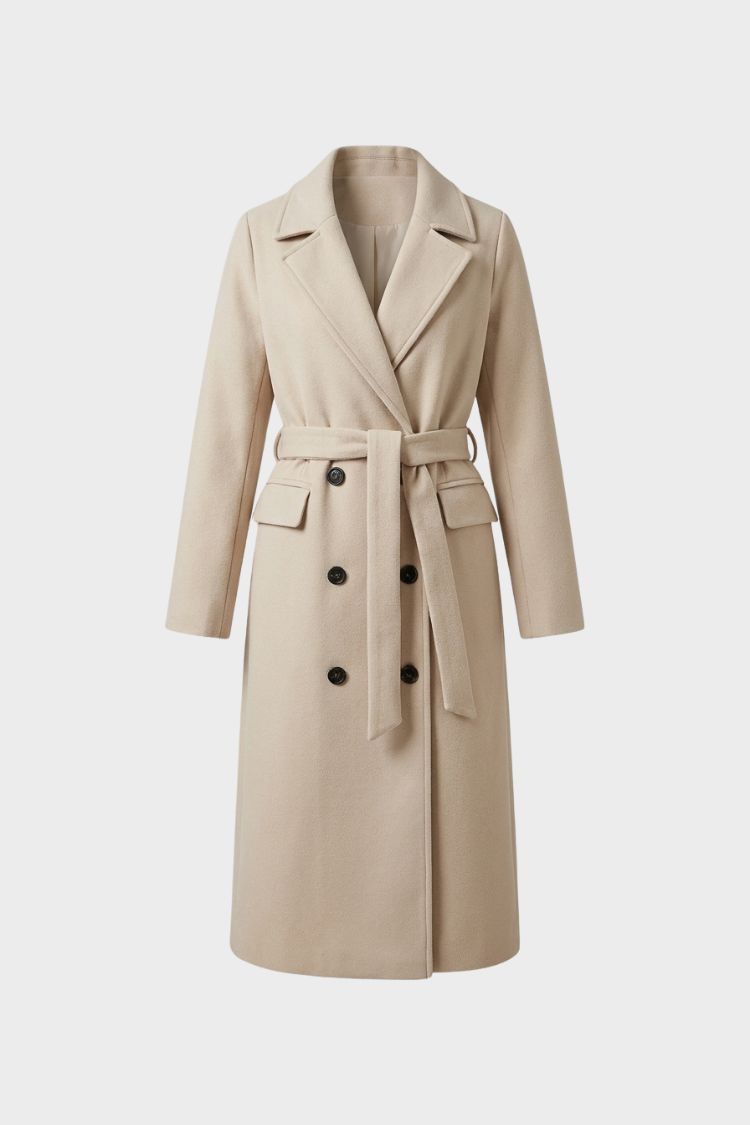 Manteau long femme en laine ceinturé à col cranté 1