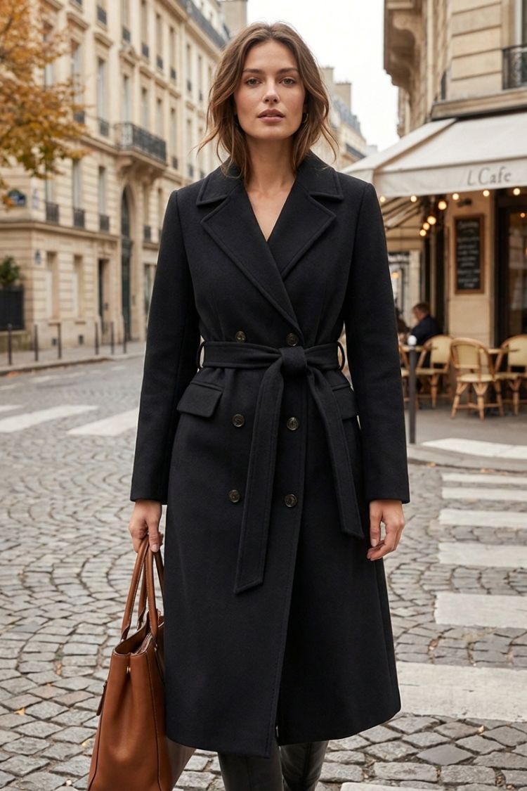 Manteau long femme en laine ceinturé à col cranté 11