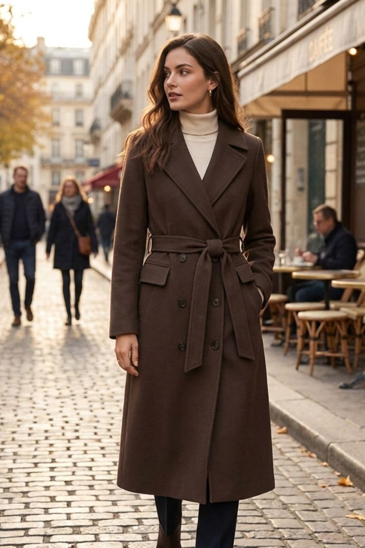 Manteau long femme en laine ceinturé à col cranté 12
