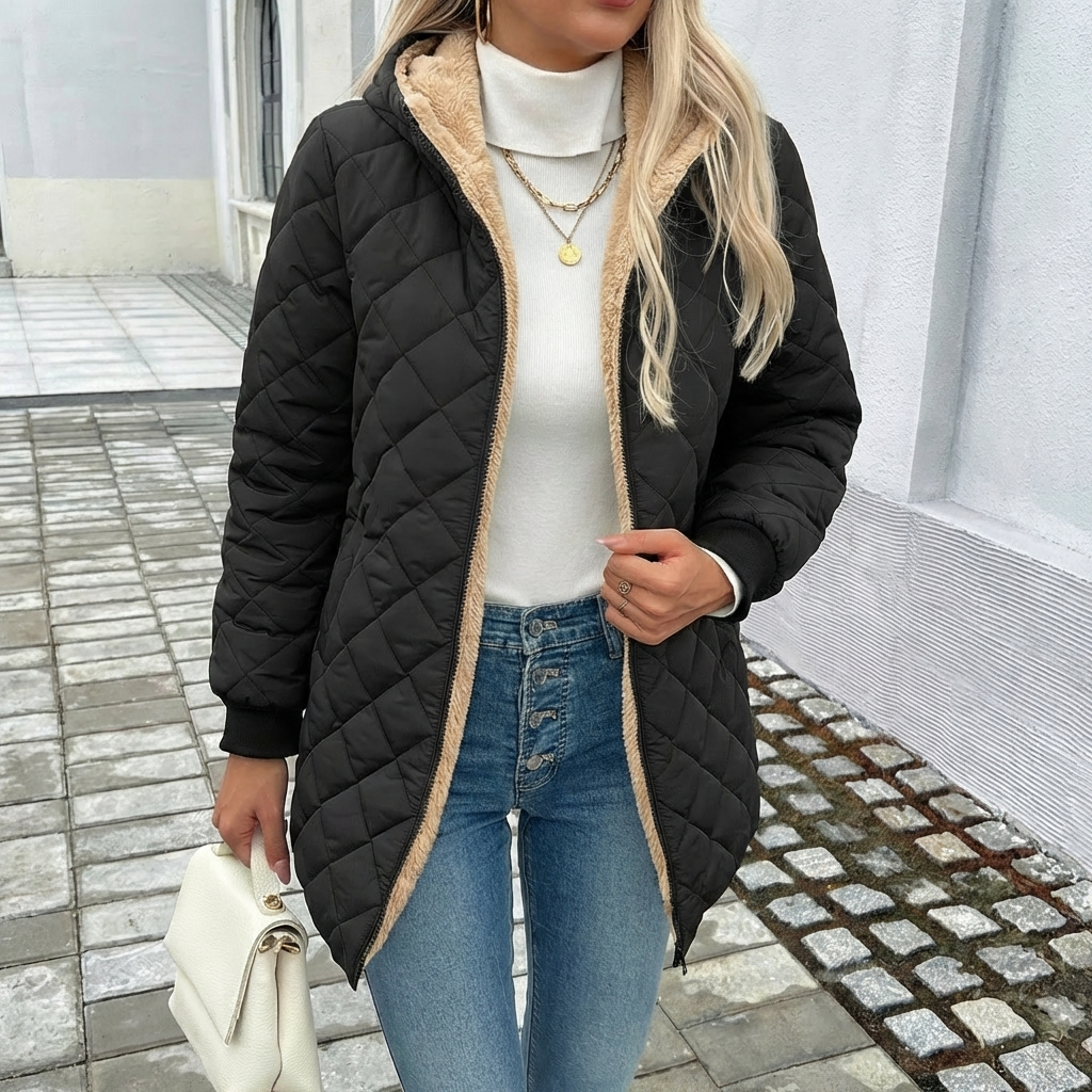 Manteau matelassé à capuche femme long zippé 1