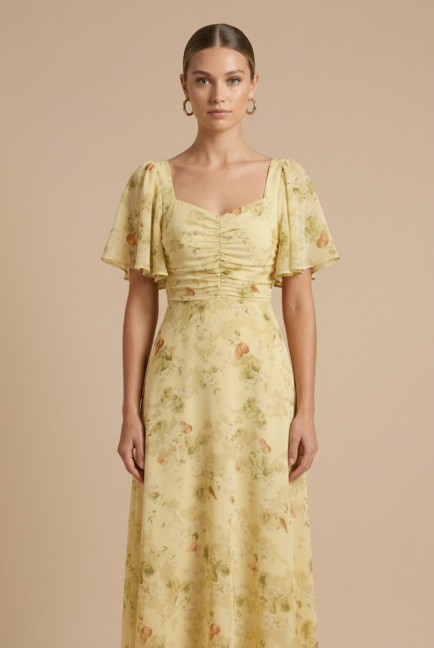 Blanche – Robe maxi à imprimé floral, col carré et manches papillon femme