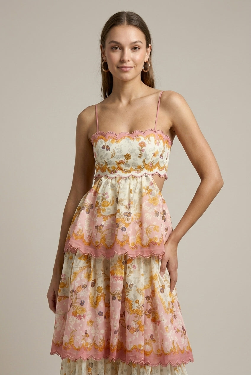 Domitille – Robe maxi sans manches à imprimé floral, bordure festonnée et jupe à étages femme