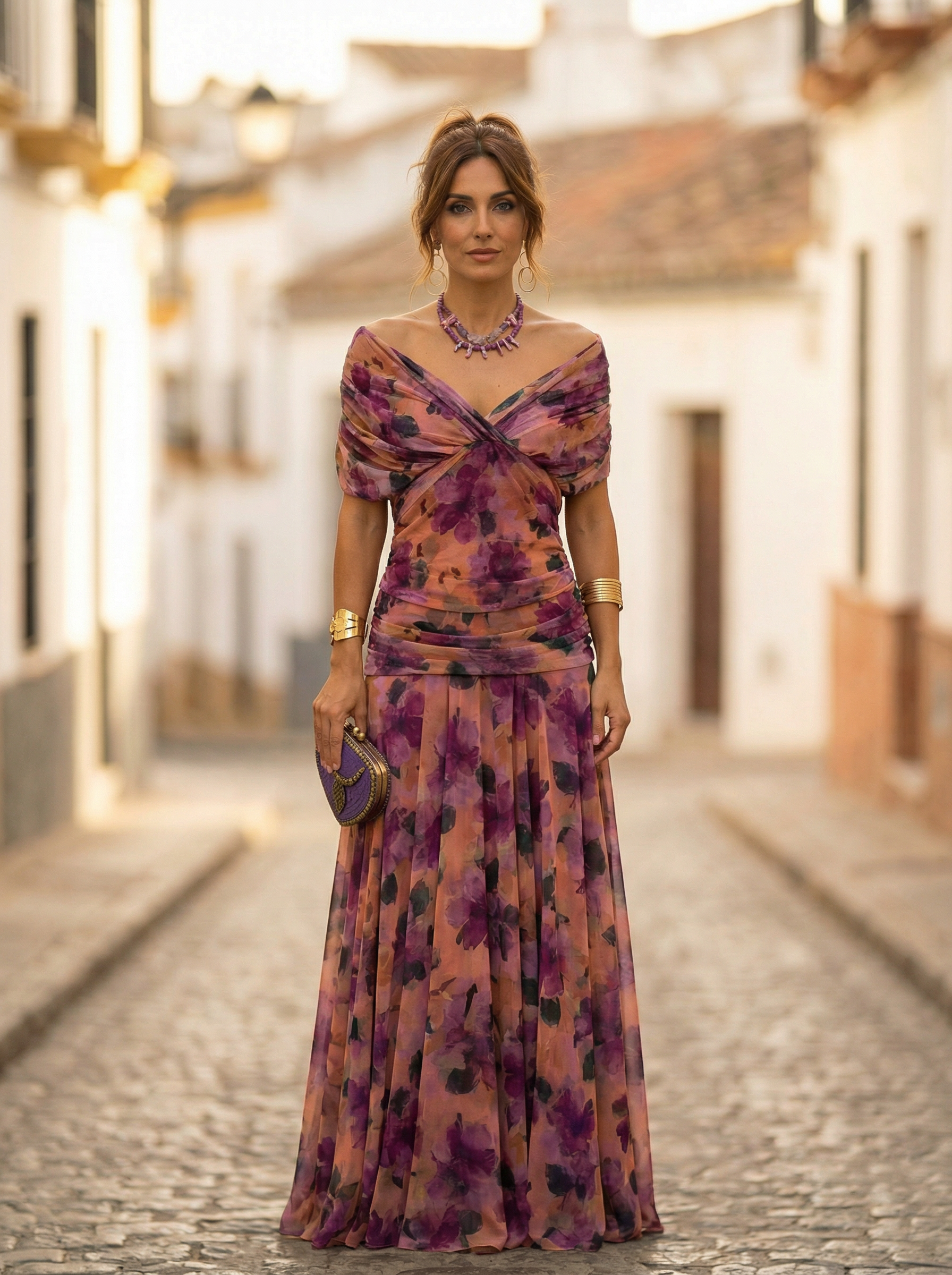 Sidonie – Robe longue d'été froncée à col en V élégant femme