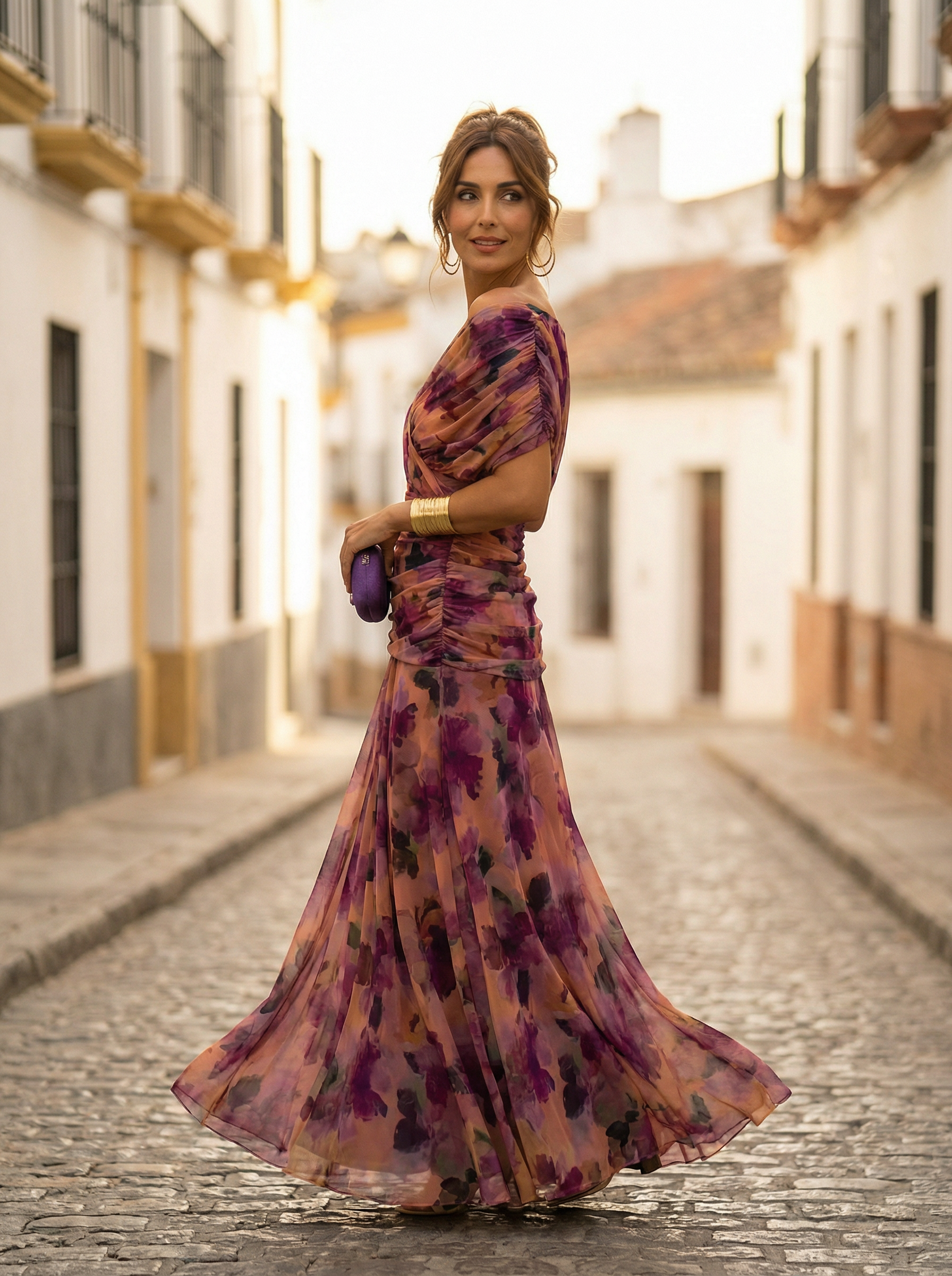 Sidonie – Robe longue d'été froncée à col en V élégant femme