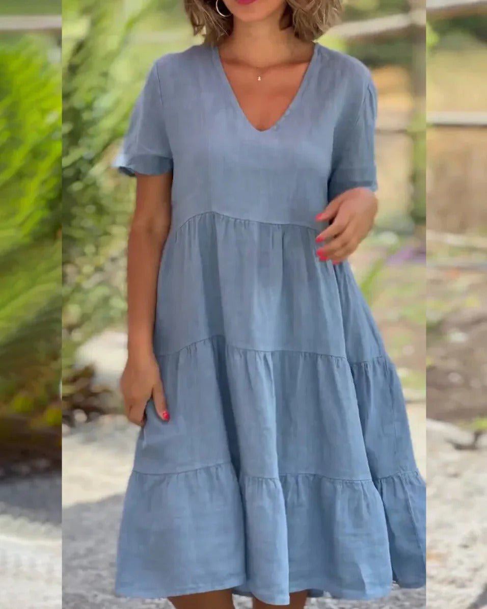 Émilie – Robe midi à jupe évasée et col en V femme