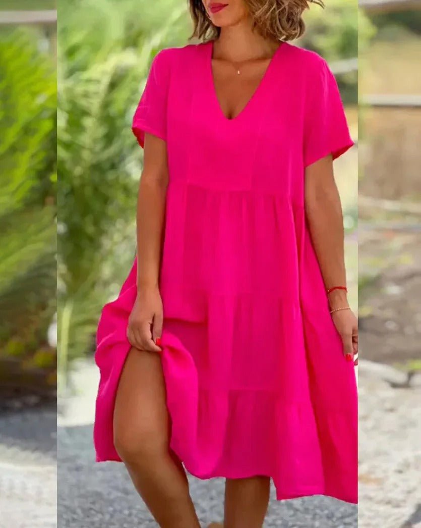 Émilie – Robe midi à jupe évasée et col en V femme