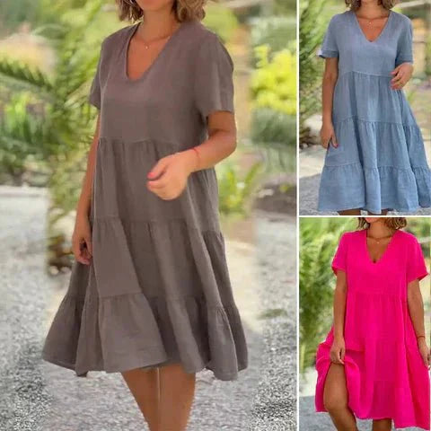 Émilie – Robe midi à jupe évasée et col en V femme