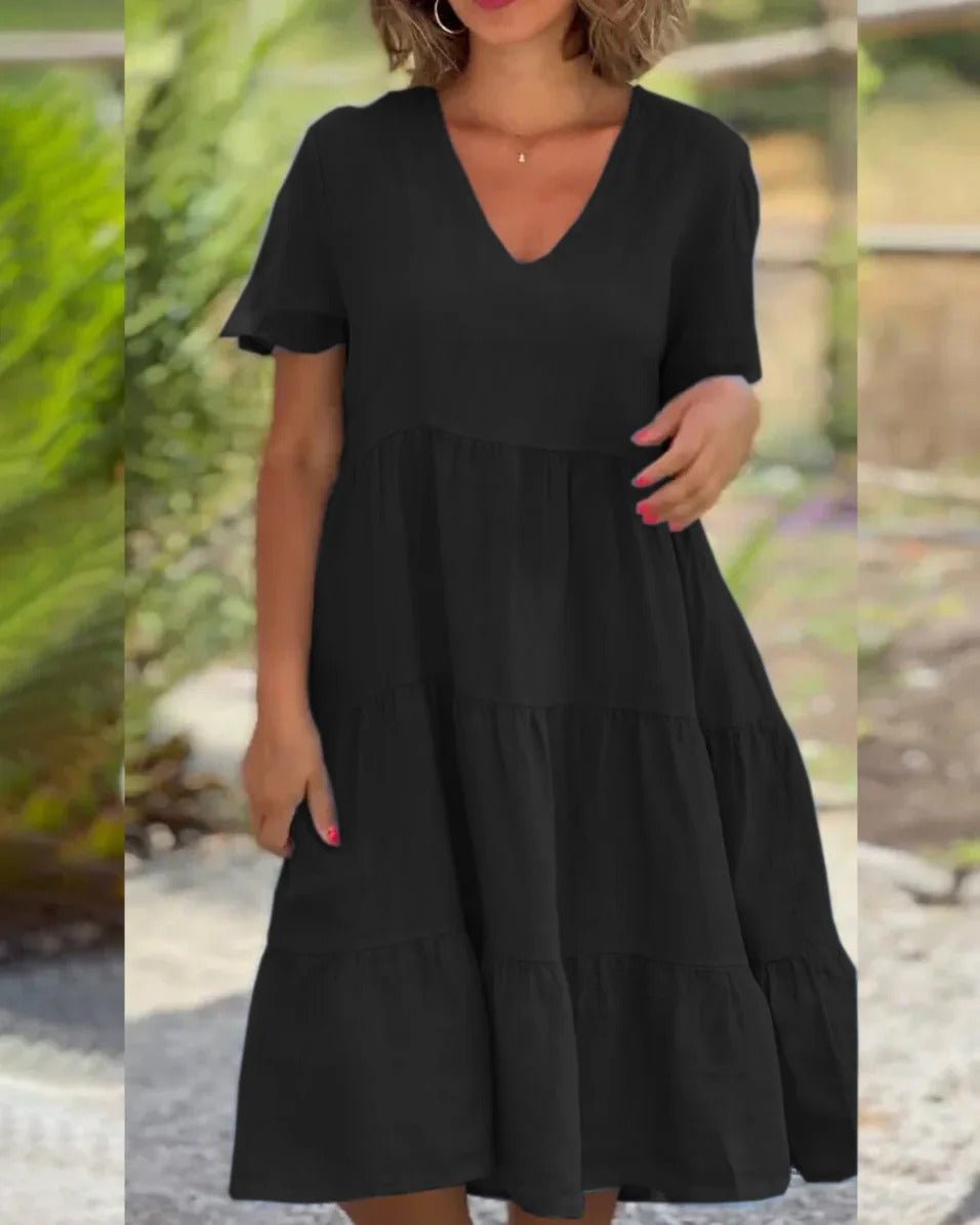 Émilie – Robe midi à jupe évasée et col en V femme