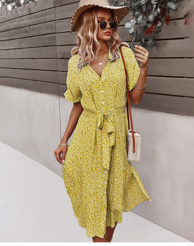 Margaux – Robe midi à ceinture et motif floral femme