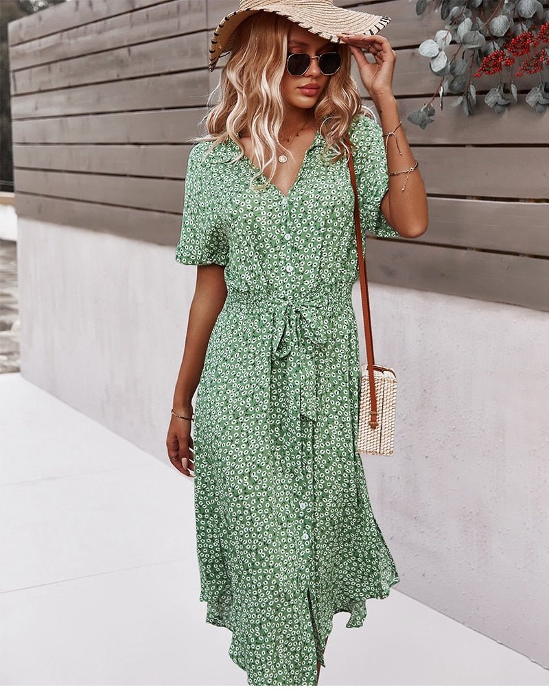Margaux – Robe midi à ceinture et motif floral femme