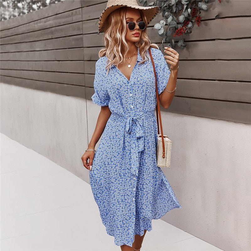Margaux – Robe midi à ceinture et motif floral femme