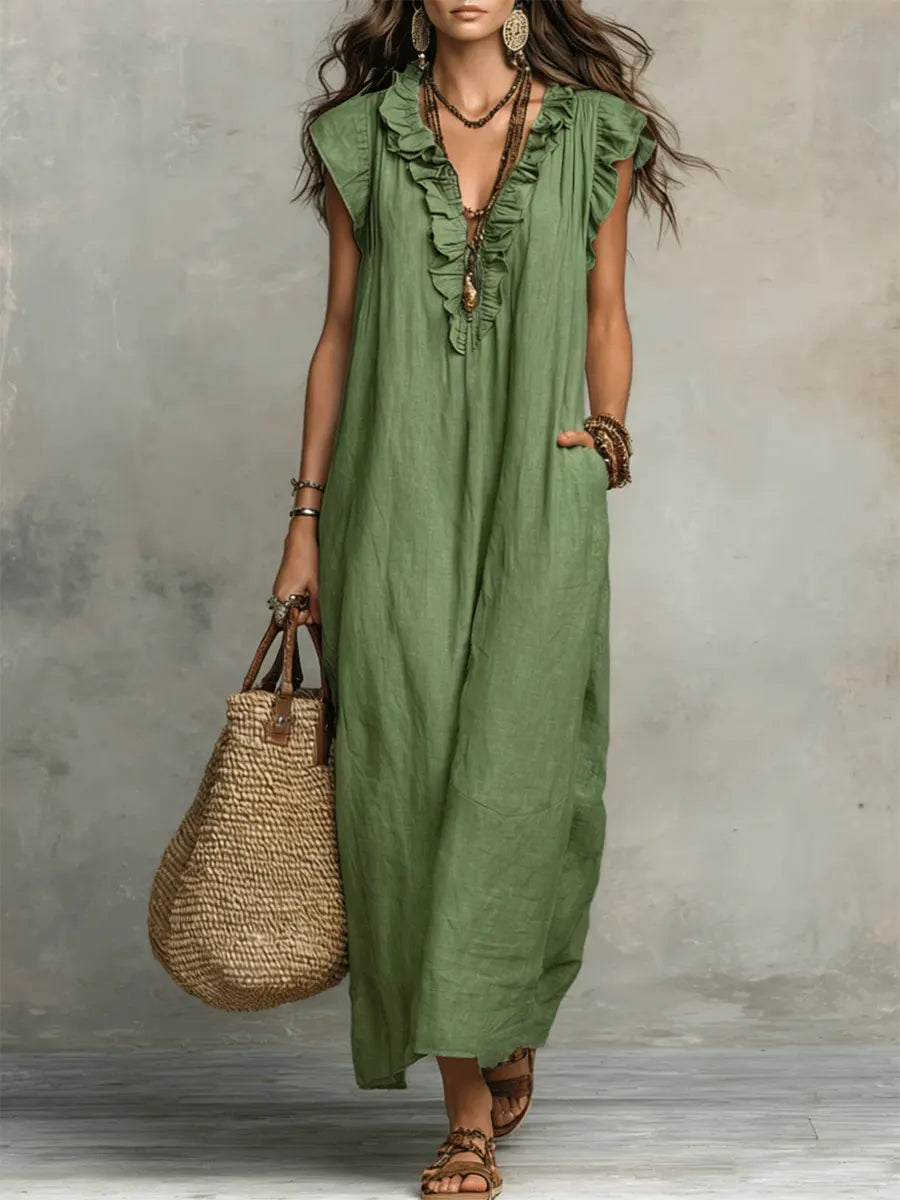 Robe longue bohème fluide en lin et coton