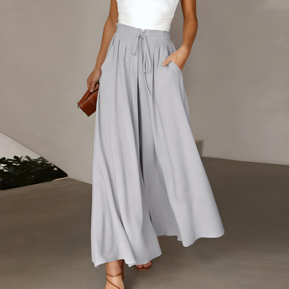 Pantalon large femme taille haute à ceinture élastiquée et cordon 1