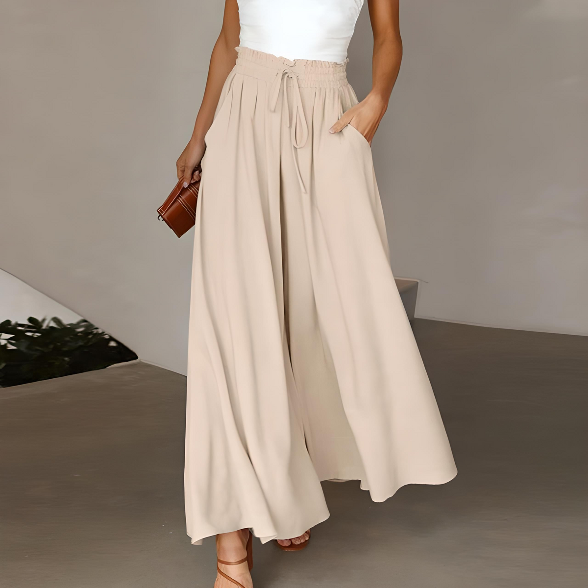 Pantalon large femme taille haute à ceinture élastiquée et cordon 3