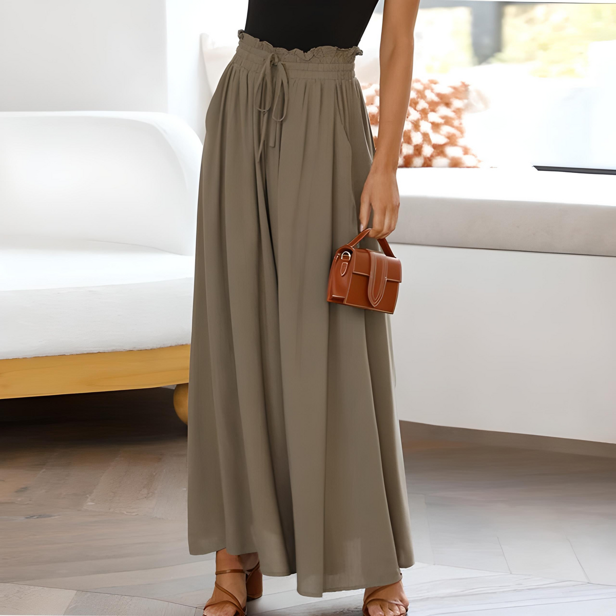 Pantalon large femme taille haute à ceinture élastiquée et cordon 4