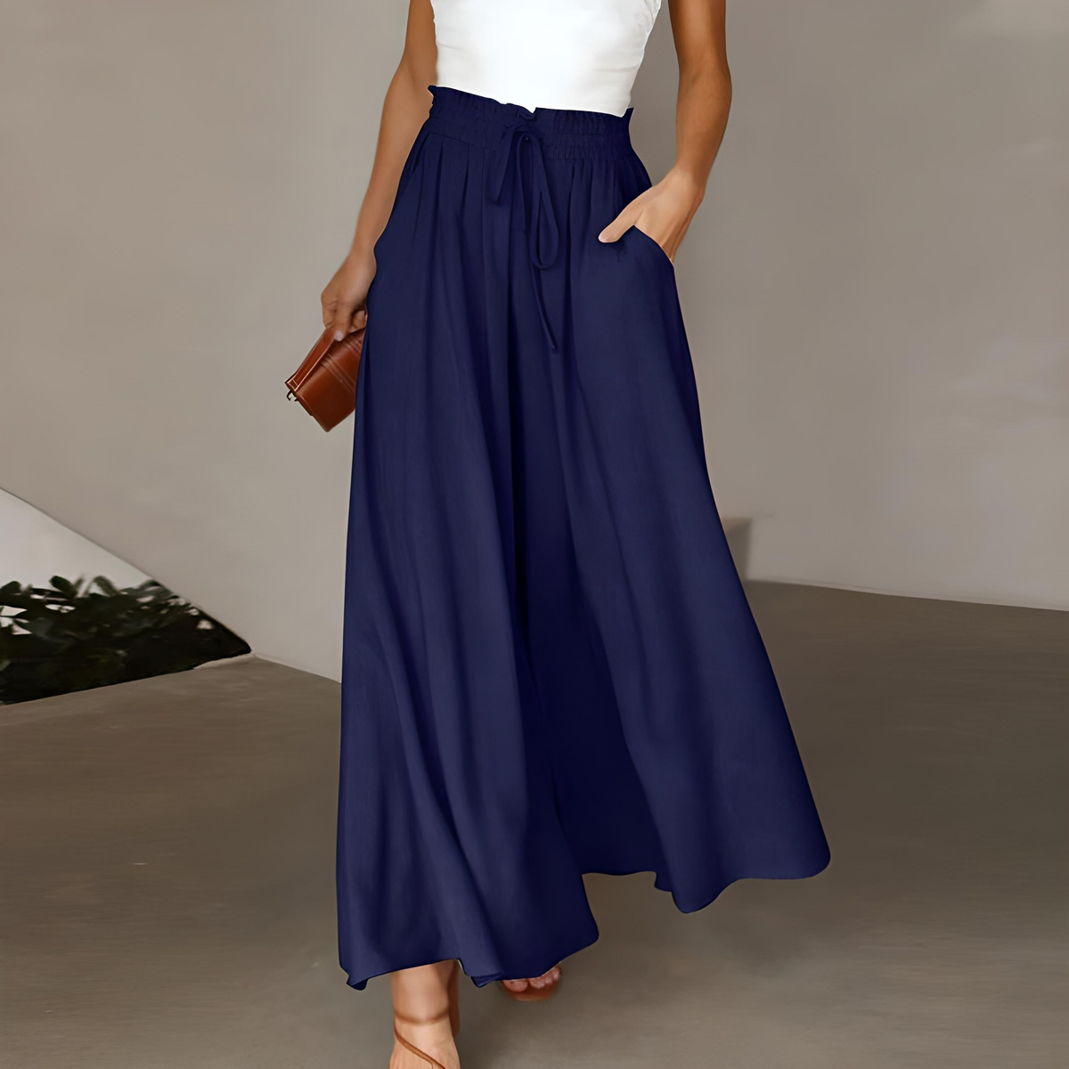Pantalon large femme taille haute à ceinture élastiquée et cordon 6