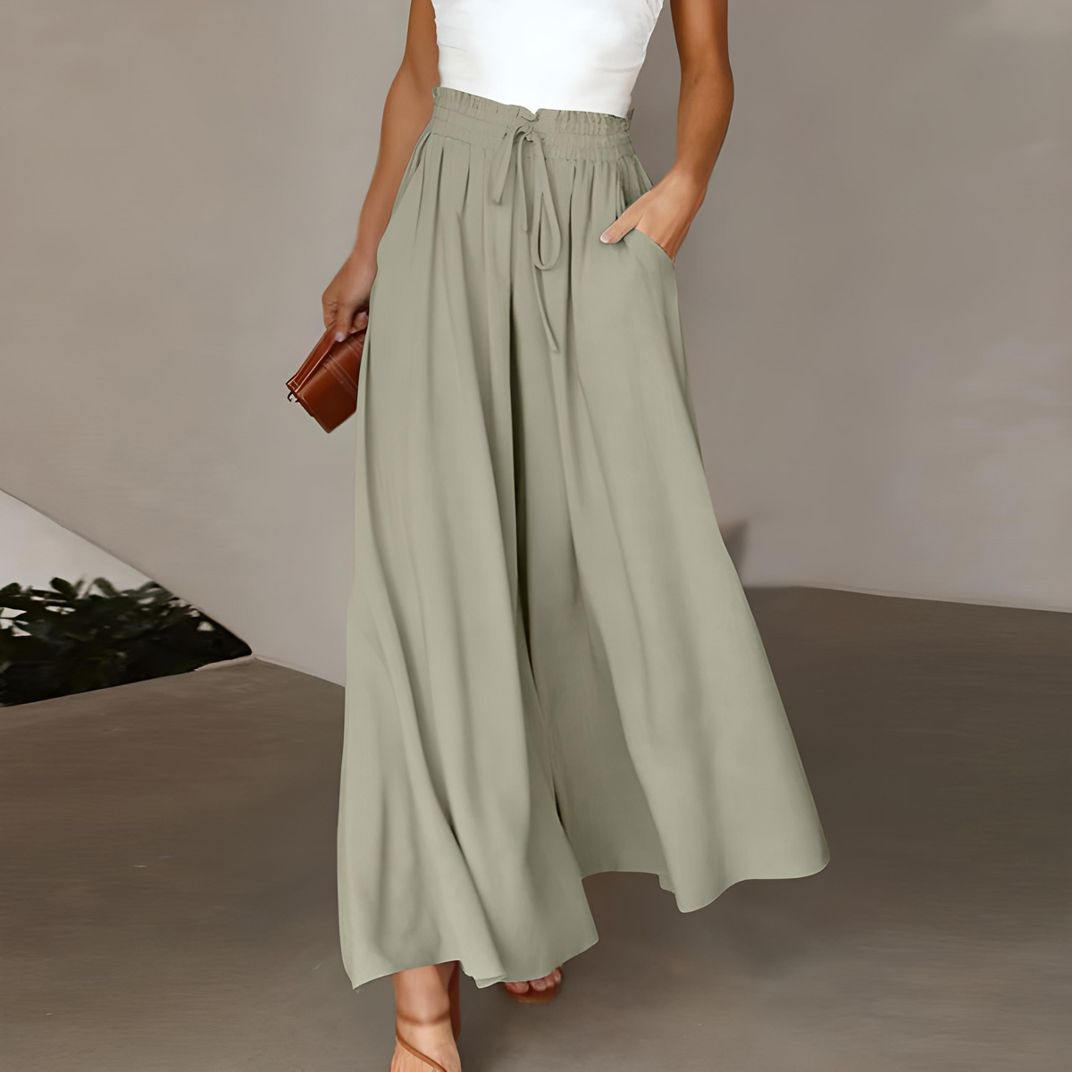 Pantalon large femme taille haute à ceinture élastiquée et cordon 8